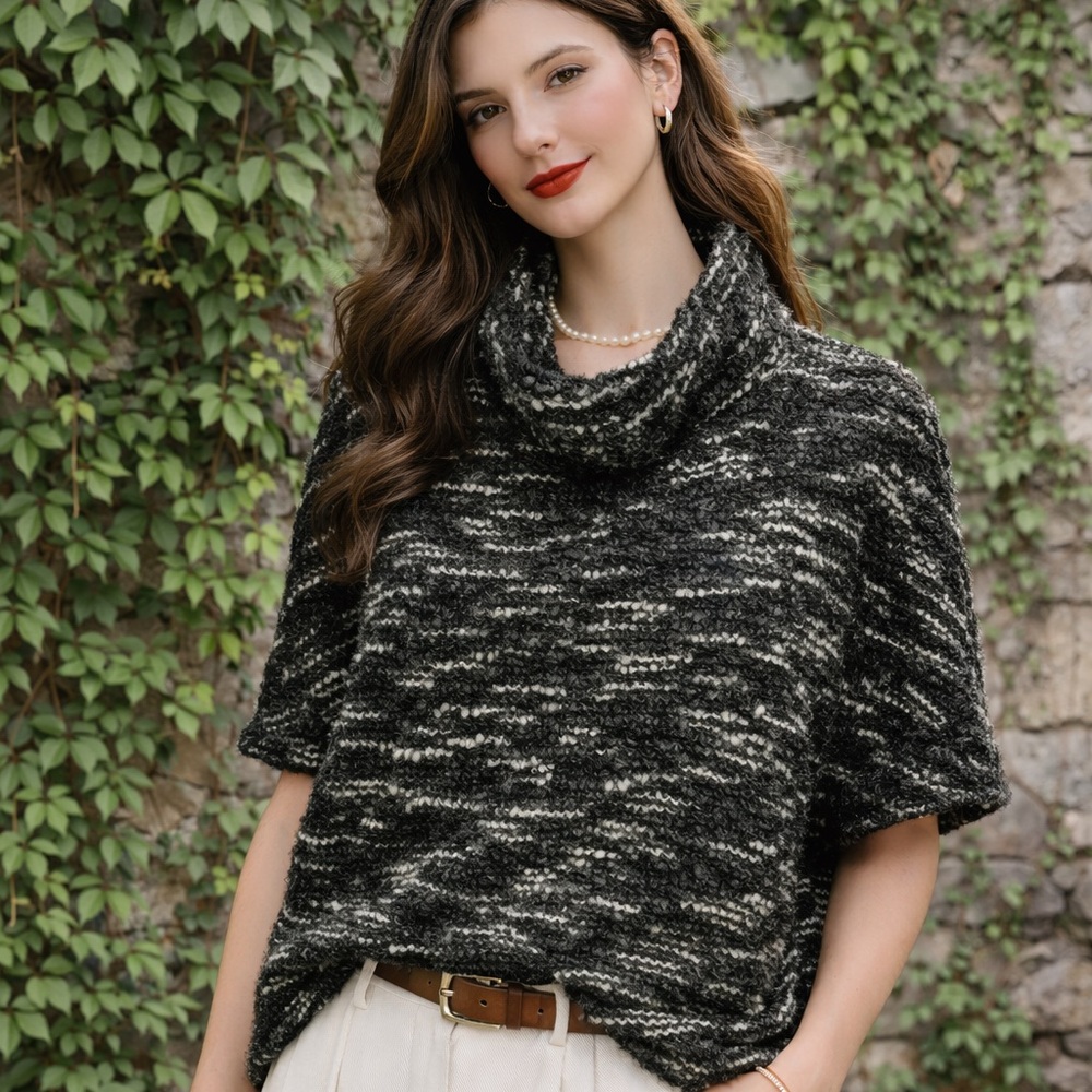 MODODOC Chunky Cowl Neck Marled Green Boucle Short Sleeve Sweater, M